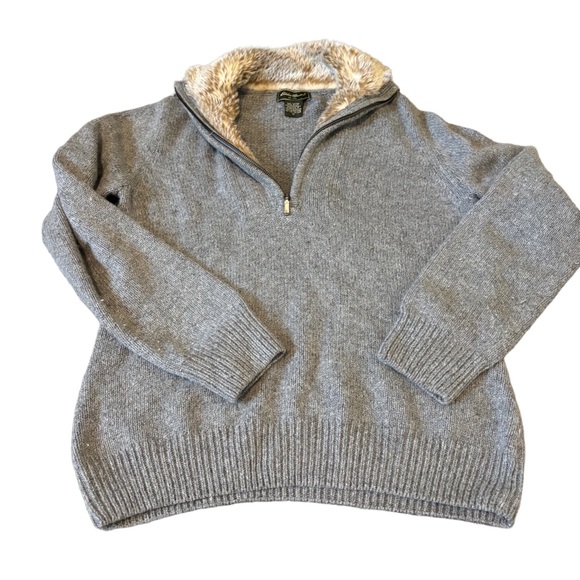 Eddie Bauer Sweaters - Eddie Bauer Gray Cotton Quarter Zip Sweater with Faux Fur Trim